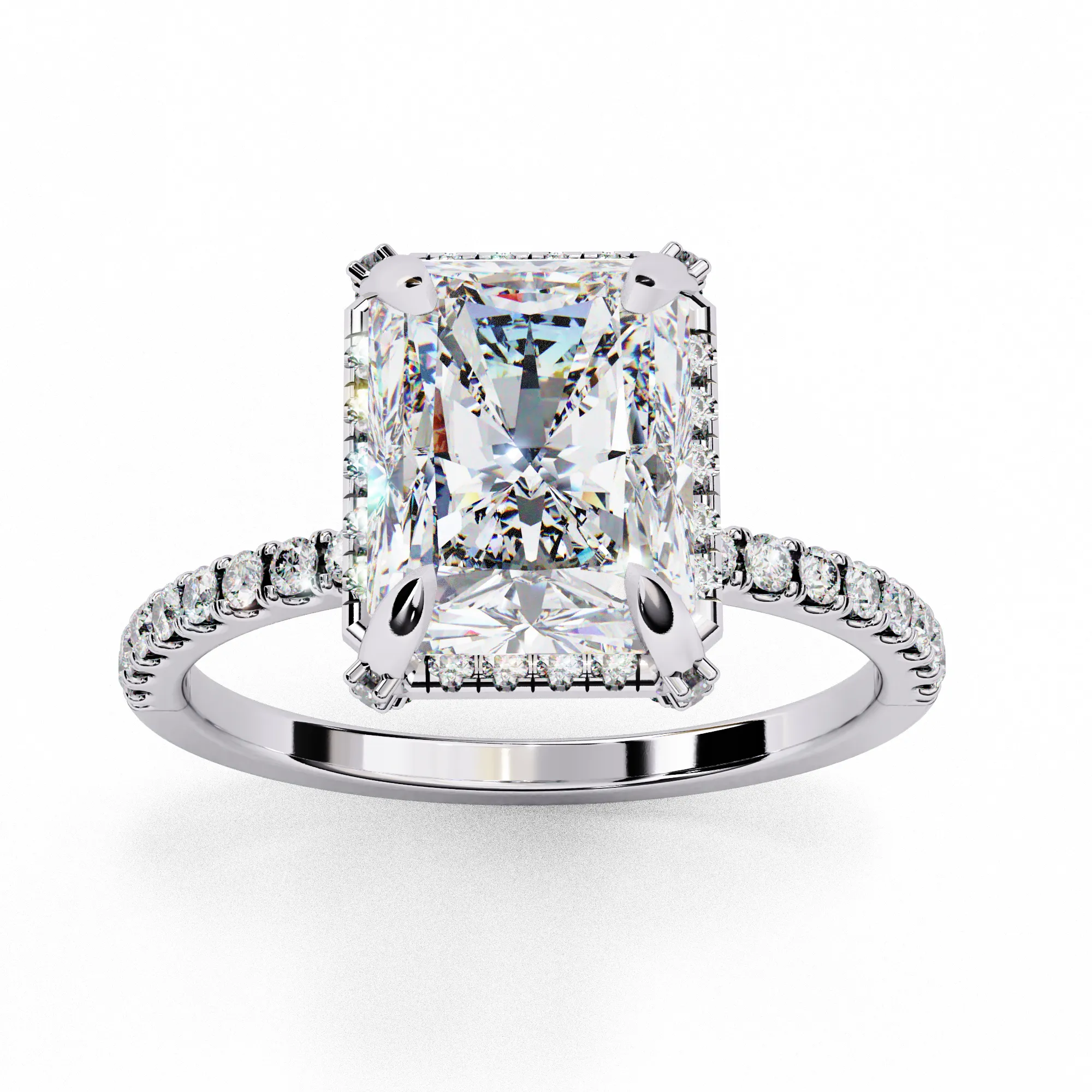 Radiant Solitaire Ring with Halo and studded prong