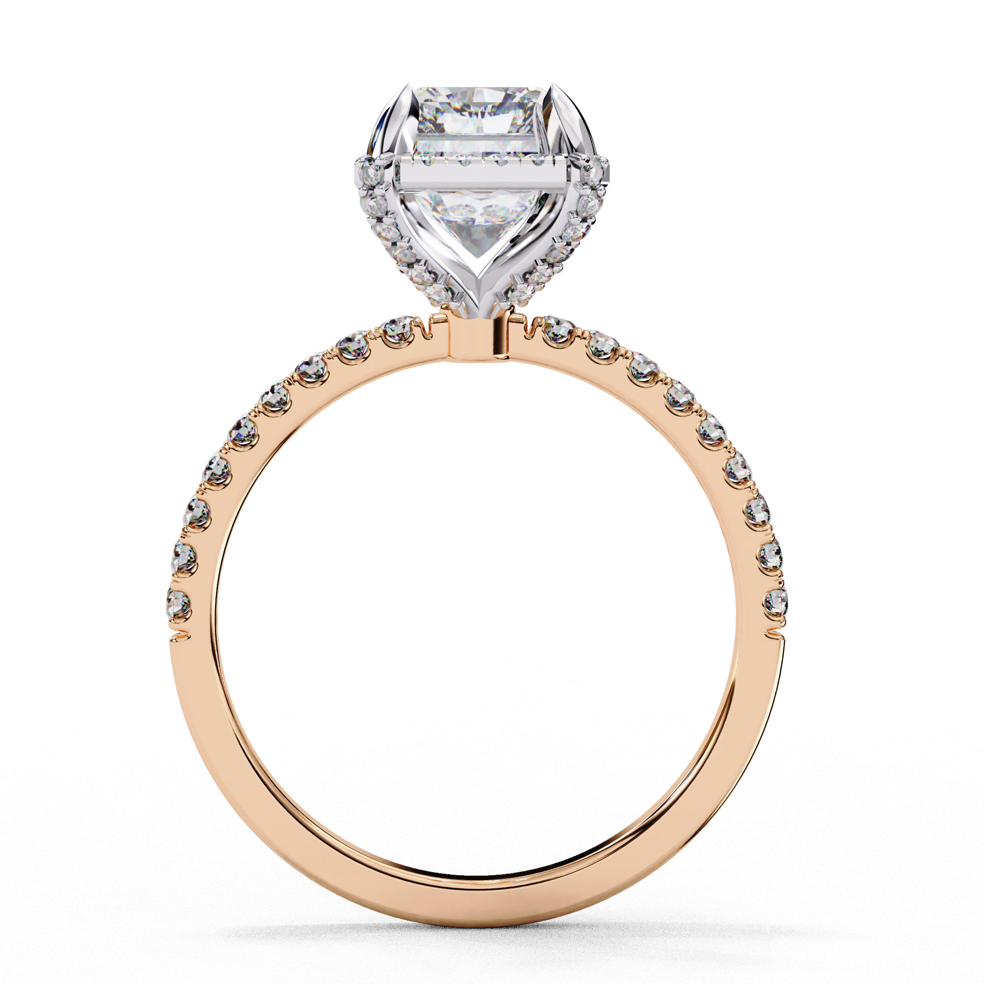 Radiant Solitaire Ring with Halo and studded prong