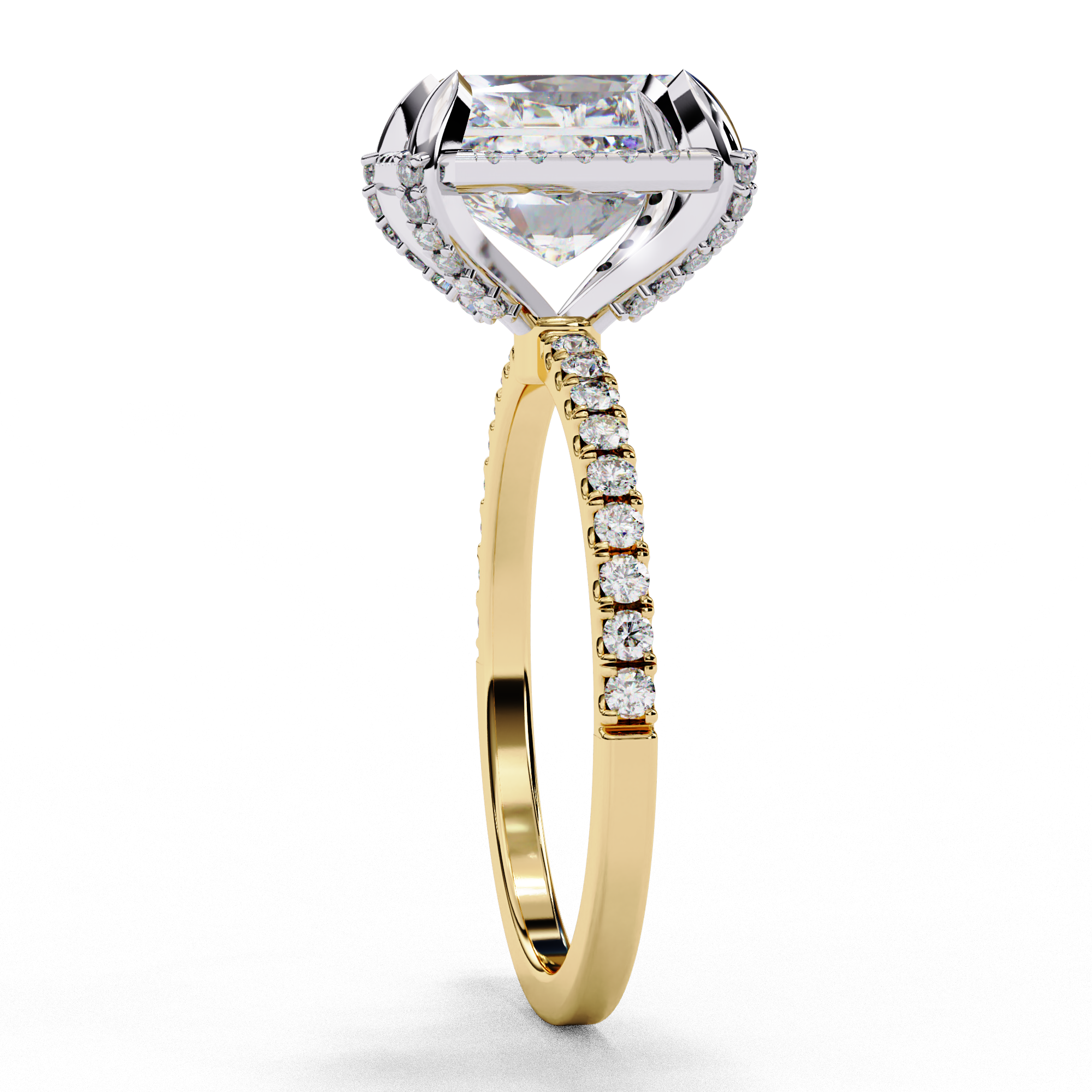 Radiant Solitaire Ring with Halo and studded prong