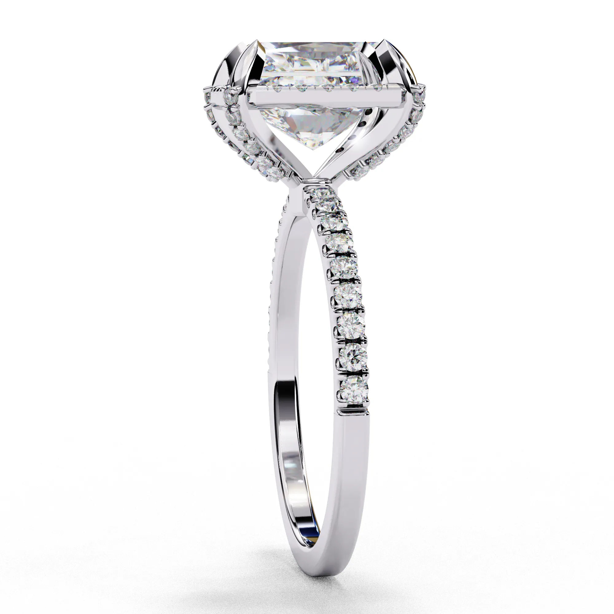 Radiant Solitaire Ring with Halo and studded prong