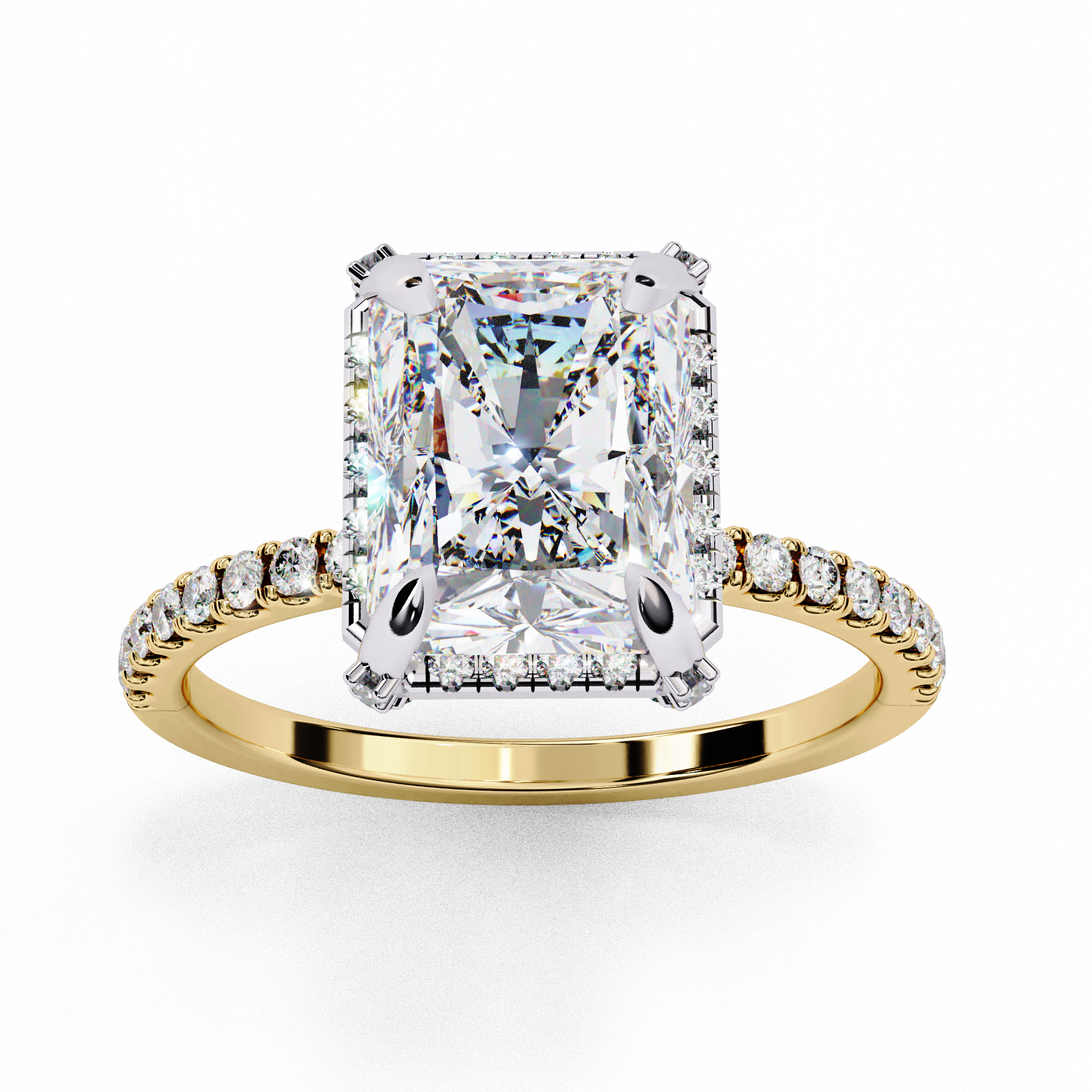 Radiant Solitaire Ring with Halo and studded prong