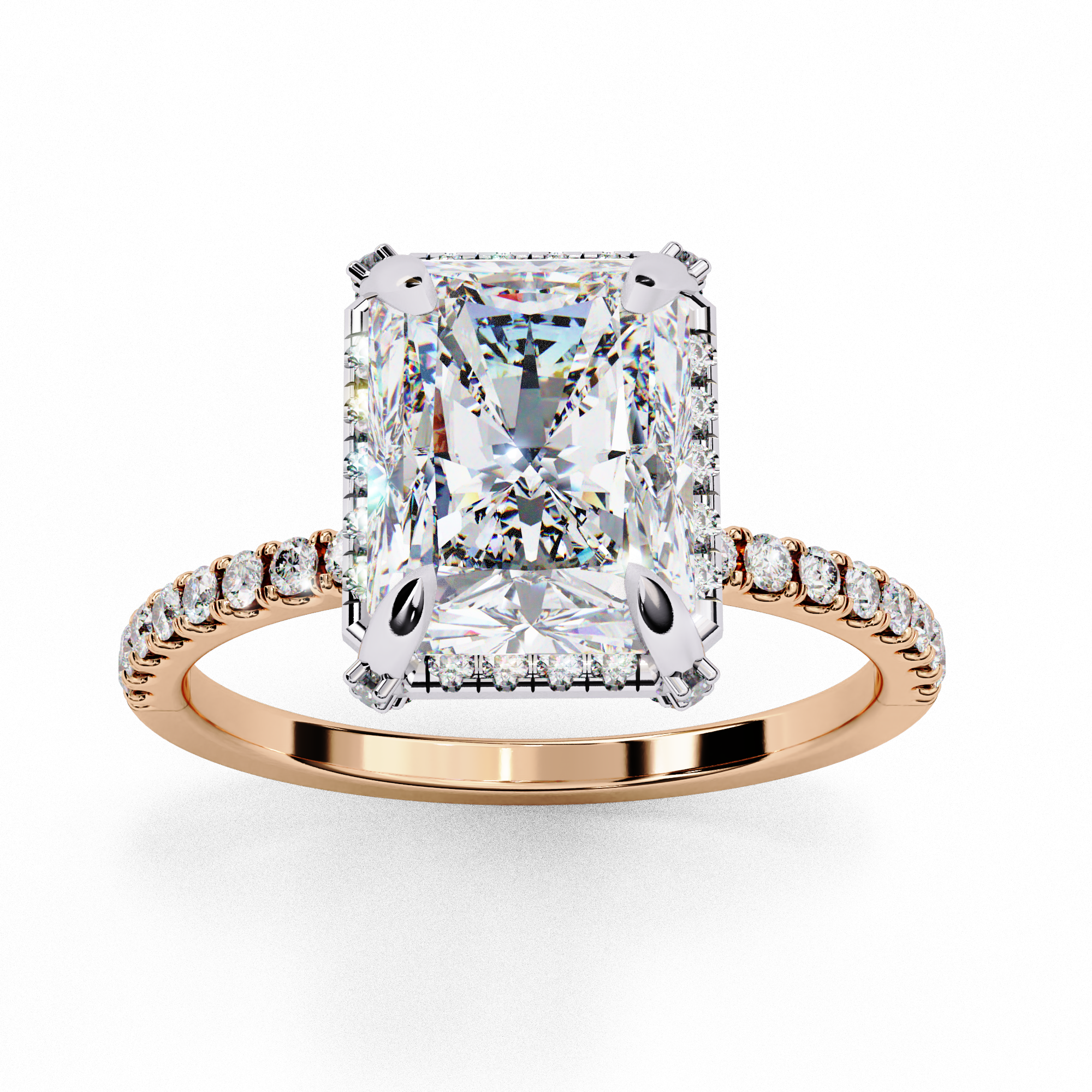 Radiant Solitaire Ring with Halo and studded prong