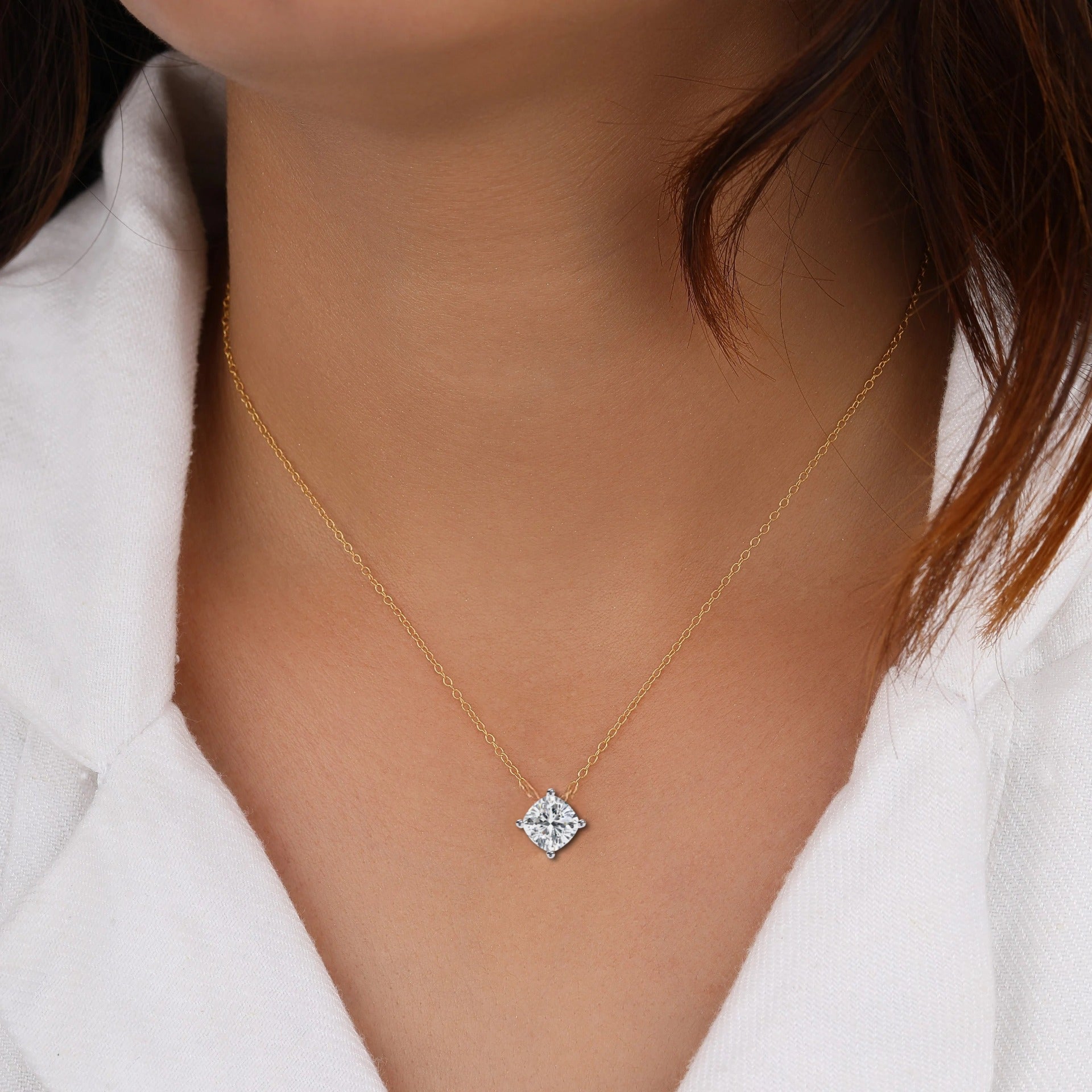 Classic 4 Prong Basket Cushion Lab Created Diamond Solitaire Necklace